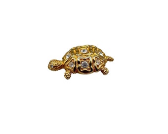 Vintage Swarovski Signed Swan Turtle Pin Brooch Gold Tone and Clear Crystals