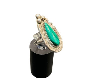 Navajo Malachite Ring Size 6 Sterling Silver Elongated Teardrop Stone Raindrops