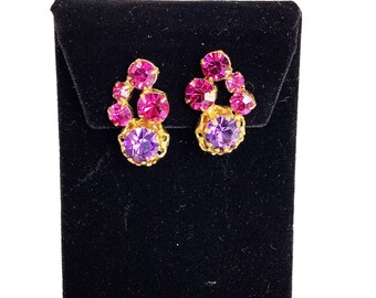 Elegant Vintage Pink & Purple Rhinestones Clip On Earrings Prom Evening Jewelry