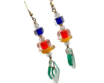 Handcrafted Retro Dangle Earrings with Colorful Geometric Art Glass Beads