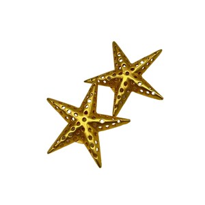 Vintage Clip On Stars Earrings Matte Gold Tone Openwork Design Large 80s Jewelry