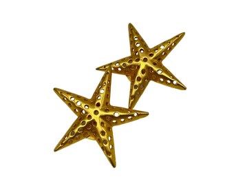 Vintage Clip On Stars Earrings Matte Gold Tone Openwork Design Large 80s Jewelry