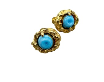 Vintage Clip On Earrings Gold Tone And Turquoise Glass Cabochons Brutalist Design