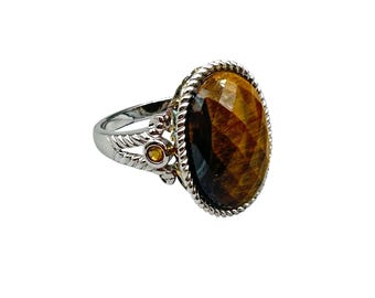 Faceted Tiger Eye Ring Size 8 Sterling Silver 925 Citrine Accent Side Stones