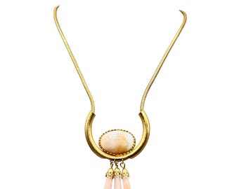 Vintage Faux Angel Skin Coral Glass Necklace Cabochon and Drops On Coil Chain