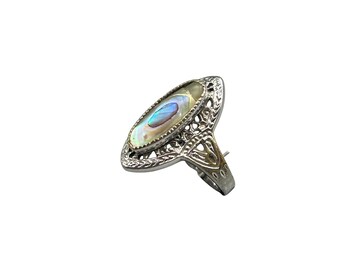 ABALONE Shell Ring Size 8 Silver Tone Vintage Mother Of Pearl Elongated Ring