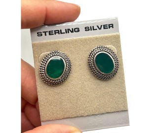 Sterling Silver Stud Earrings with Green Stone Oval Pierced 3/4" Elegant Jewelry