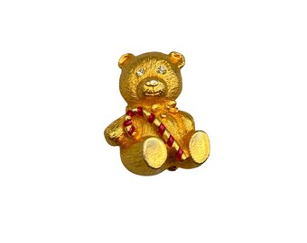 Vintage Gold Tone Rhinestone Bear Brooch Pin With Enamel Candy Cane Signed "Oops A Daisy"