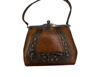 Antique Art Nouveau Turn-Lock Purse Handbag Tooled Leather Beautiful Floral Bag