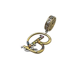 Letter B Name Initial B Sliding Dangle Charm 925 Sterling Silver With Gold Overlay And Gemstones