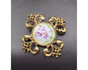 Forget Me Not Maltese Cross Brooch Pendant Combo Gold Tone with Painted Flowers