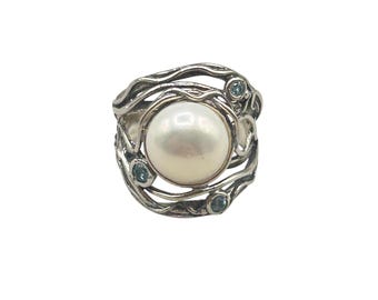 OR PAZ Ring Sterling Silver Pearl And Blue Topaz Ring Size 9 Made In Israel Silver 925