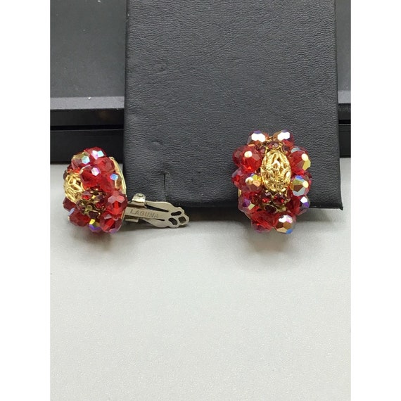 Signed LAGUNA Red AB Clusters Earrings Clip On Be… - image 3