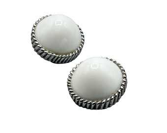 Vintage Clip On Earrings White Bullet Shaped Cabochons on Silver Tone Setting