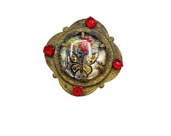 Vintage Czech Pin Brooch Reverse Painted Butterfly Glass Rhinestones Brass Setting