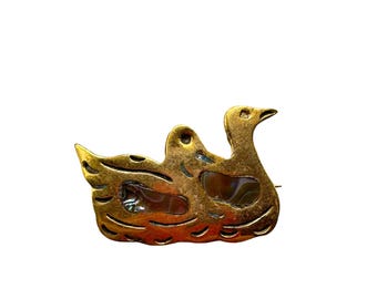 Ducks Birds Miniature Pin Brooch Brass And Abalone Shell Made In Mexico
