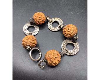Vintage Unusual Sterling Silver & Carved Wood Beads Bracelet Round Ornate Links