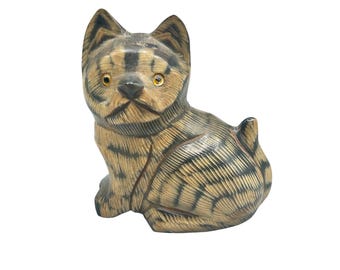 Buffalo Horn Cat Sculpture Hand Carved Hand Painted Kitted Miniature Figurine