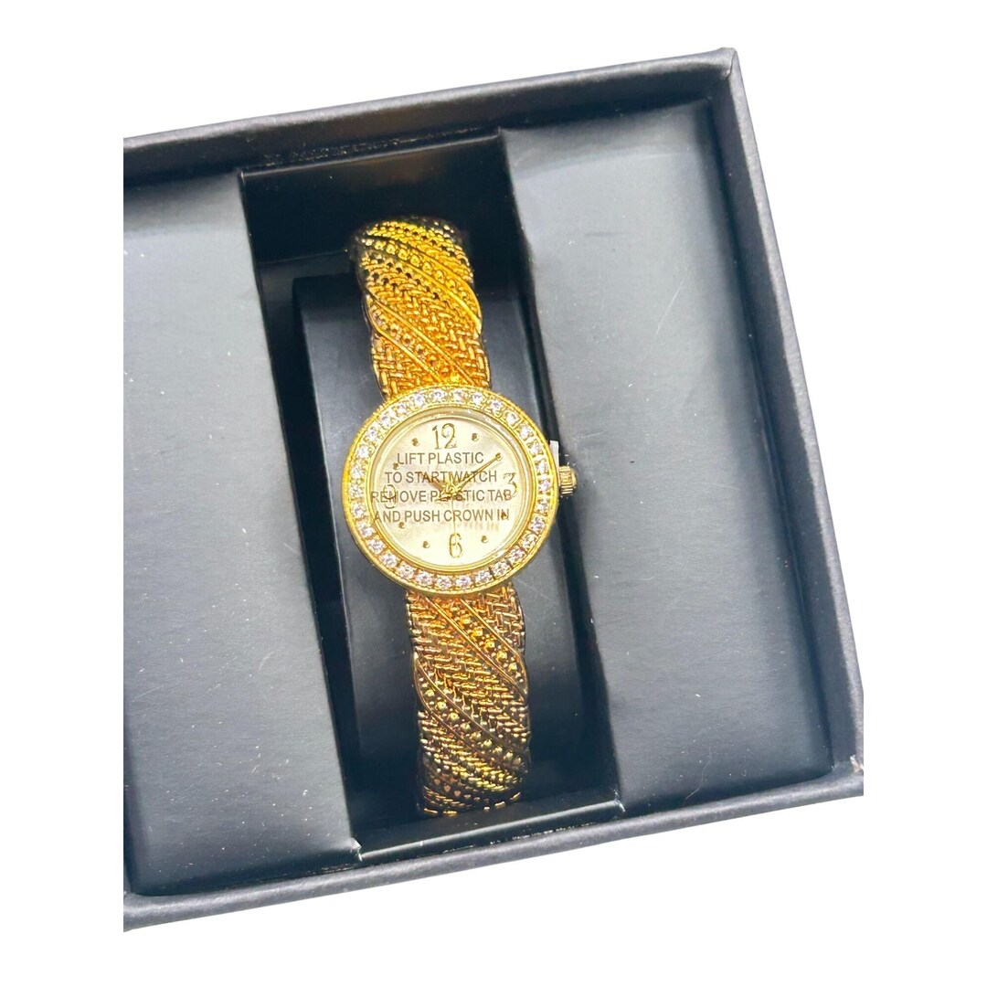 DMQ CZ Watch Cuff Bracelet Hinged Clamper Gold Tone Ladies  display picture 1