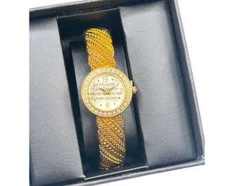 DMQ CZ Watch Cuff Bracelet Hinged Clamper Gold Tone Ladies Watch New In Box