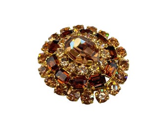 Vintage Signed Austria Rhinestone Brooch Pin Layered Domed Design Topaz Color