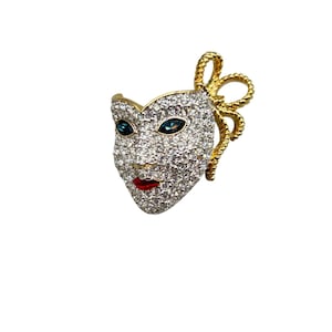 Vintage Swarovski Signed Mask Pin Brooch with Clear Crystals Mardi Gras Carnevale Mask