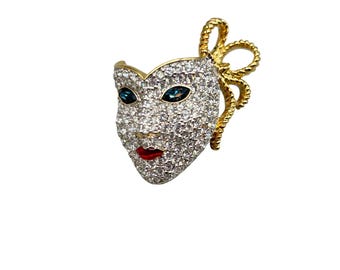 Vintage Swarovski Signed Mask Pin Brooch with Clear Crystals Mardi Gras Carnevale Mask