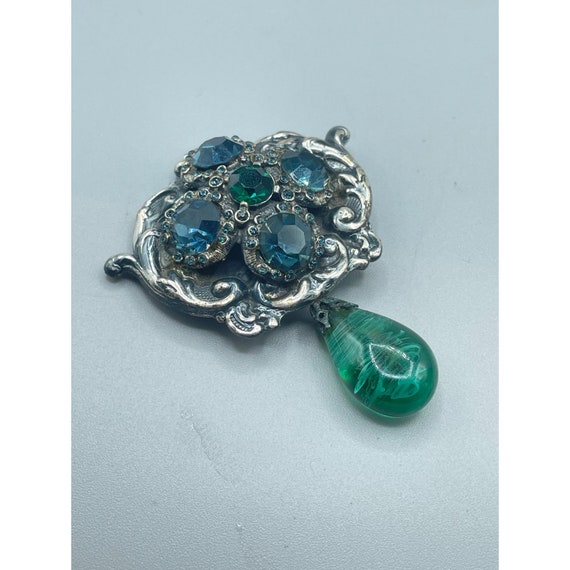 Vintage Jeweled Brooch Faux "Flawed" Emerald Drop… - image 4