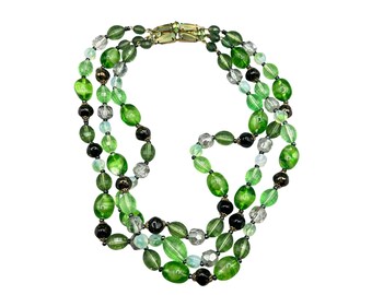 Vintage Green Glass Necklace With Jeweled Clasp Triple Strand Beaded Antique