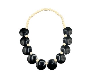 Vintage Black & Beige Plastic Beaded Statement Necklace 16" with Barrel Clasp