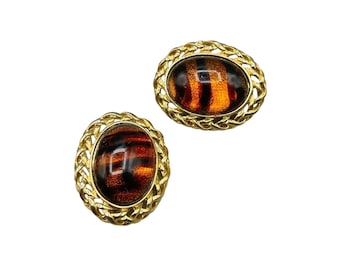Vintage 80s Gold Tone Clip On Earrings with Striped Animal Print Cabochons