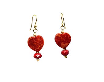 Vintage Red Sponge Coral Apple Coral Earrings Pierced Dangles Heart Shaped