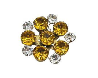 Vintage Freirich Brooch Prong Set Rhinestone Star Gold Tone Clear Citrine Color