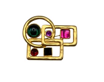 Vintage 1980s Brooch Abstract Geometric Matte Gold Tone Pin Multicolor Cabochons
