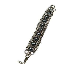 Byzantine Link Bracelet with Black Crystal Beads Toggle Clasp 7.5 Inches