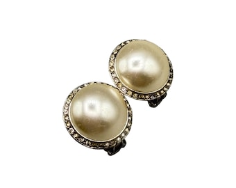 Vintage Clip On Earrings Faux Pearls Cabochons And Rhinestones Silver Tone