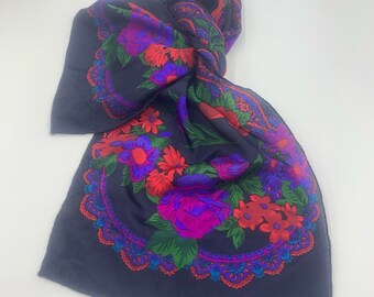 Rectangular Floral Scarf Vibrant Red Blue Pink Colorful Elongated Vintage Scarf