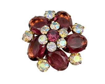 Vintage Rhinestones Pin Brooch Purple Flower Layered Design Prong Set Stones