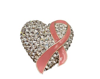 Napier Silver-Tone Heart Shaped Breast Cancer Awareness Rhinestone Brooch