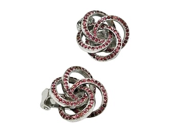 Signed KRAMER Clip On Earrings Silver Tone & Pink Rhinestones Love Knot Circles