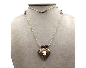Heart Locket Necklace With Celluloid Cameo Charm Antiqued Brass Color