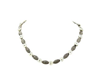 Vtg Floral Necklace Sterling Silver Mother of Pearl & Marcasite Flower Stations