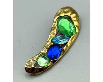 Green & Blue Rhinestones Pin Jeweled Abstract Free Form Vintage Costume Jewelry