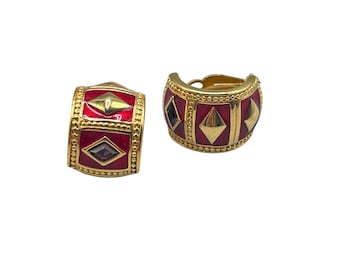 Swarovski Gold Plated Red Enamel & Purple Crystal Huggie Hoop Earrings