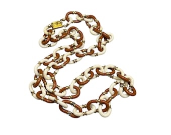 Vintage Archimede Seguso Glass Necklace Cream And Brown Chain Link W/ Rhinestones