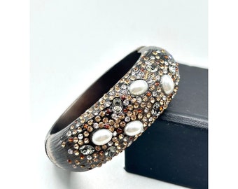 Beautiful Hinged Clamper Bangle Frosted Brown Lucite Rhinestones and Faux Pearls