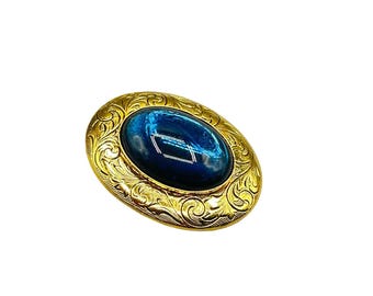 Vintage Gold Tone Brooch with Blue Acrylic Cabochon Ornate Oval Pin
