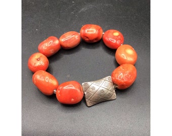 Dyed Bamboo Coral Bracelet with Sterling Silver Accent Bead Elastic Stretchy
