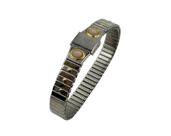Vintage Stainless Steel Stretch Bracelet Gold & Pink Quartz Accents One Size