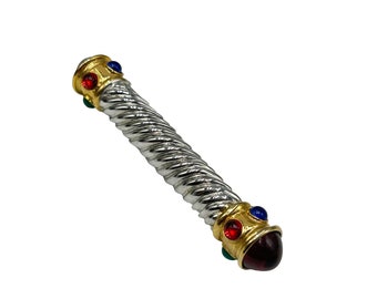 80s 90s Jeweled Bar Pin Brooch Two Tones Silver Gold Jewel Tones Glass Cabochons